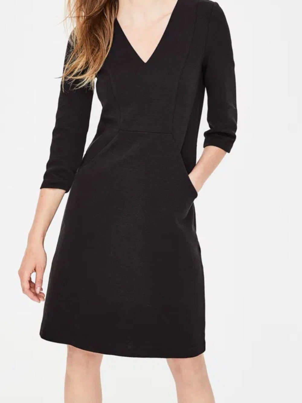 Boden Black Bronte V-Neck Sheath Dress above the knee, 3/4 sleeves, Size 10